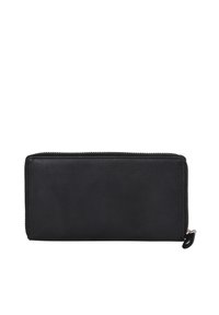 Black leather wallet with a smooth texture, zip closure, rectangular shape, and no visible patterns or hardware details.
