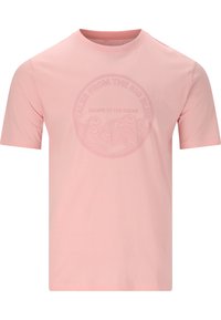 Vaaleanpunainen lyhythihainen T-paita, joka on valmistettu pehmeästä kankaasta. Paidassa on pyöreä graafinen kuvasto, jossa on aaltoja ja teksti: "Tarinoita suuresta sinisestä - Pakene mereen."