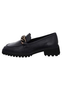 Mocassino di pelle blu navy con un distintivo dettaglio in catena dorata, punta rotonda e suola in gomma nera robusta con battistrada prominente.