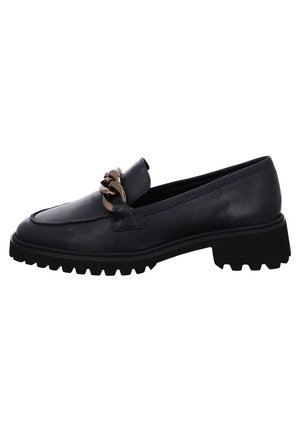 Marineblaue Leder-Tassenschuhe mit einem markanten goldenen Kettendetail, runder Zehenform und robustem schwarzen Gummisohle, die auffällige Profilierungen aufweist.