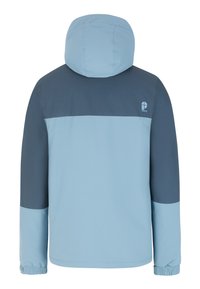 Giacca azzurra con una parte superiore e cappuccio blu scuro. Presenta polsini elasticizzati e un logo sulla parte superiore della schiena. Texture liscia.