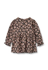 Blumenmusterkleid mit langen Ärmeln, dunklem Hintergrund und rosa Blüten. Elastische Bündchen und eine geraffte Taille. Knopfverschluss am Rücken. Wellenförmiger Saum.