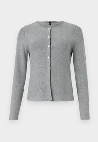 Cardigan en maille gris clair à manches longues avec un col rond et cinq boutons décoratifs blancs au centre devant.