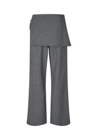 Grå vide bukser med et lagdelt taljedesign, struktureret stof og et subtilt meleret mønster. Har en sidelukning med lynlås.