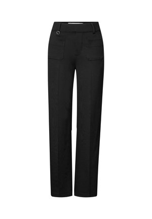 Pantaloni neri a gamba larga realizzati in tessuto liscio. Presentano due tasche frontali, una piega frontale discreta e un dettaglio decorativo in metallo nella vita.