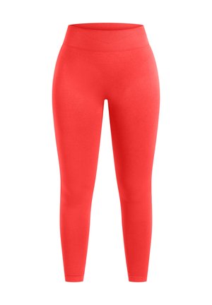 Leggings rossi luminosi a vita alta, senza cuciture, con ampia cintura a coste e gambe a lunghezza caviglia aderenti.
