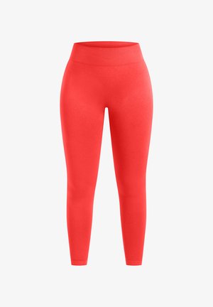 Leggings rossi luminosi a vita alta, senza cuciture, con ampia cintura a coste e gambe a lunghezza caviglia aderenti.