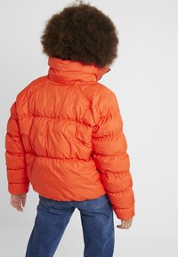 Bright orange puffer jacket with a high collar, quilted design, and ribbed cuffs. Worn with blue denim jeans, viewed from the back.