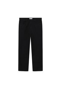 Μαύρα τζιν παντελόνια με ίσια γραμμή, διαθέτουν πέντε τσέπες, κλείσιμο με κουμπί και φερμουάρ, και μία διακριτική ετικέτα λογότυπου στη ζώνη.