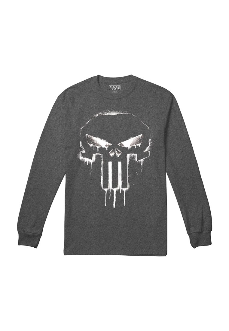 Maglietta grigia scura a maniche lunghe con un logo a forma di teschio in stile goccia di vernice bianca dal fumetto Marvel "The Punisher" sul davanti.