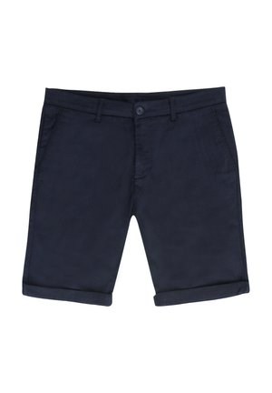Pantalones cortos de algodón azul marino con una textura suave, dobladillo doblado, bolsillos frontales y un cierre de botón en la cintura.