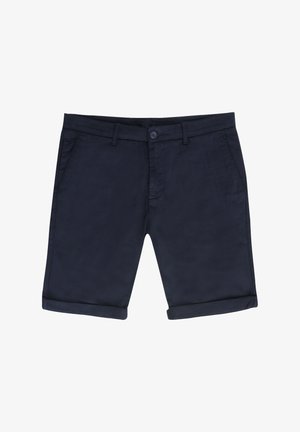 Pantaloni corti in cotone blu navy con una texture liscia, orlo ripiegato, tasche anteriori e una chiusura con un singolo bottone in vita.