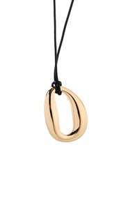 Guldtonad hänge i en avlång oval form, med en slät, reflekterande yta, hängande från ett svart snöre.