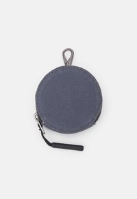 Round gray fabric pouch with black zipper and clip hardware. Smooth texture with stitched edges and a small black rubber handle.