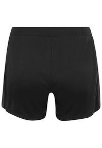 Pantalones cortos deportivos negros, fabricados con un tejido suave y elástico. Presentan un diseño simple con una cintura de altura media y un corte holgado.