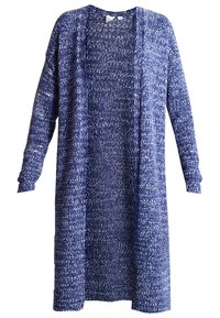 Lång öppen cardigan i blått med ett texturerat stickat mönster. Har långa ärmar och en avslappnad passform, lämplig för lager-på-lager.