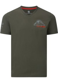Olive green V-neck t-shirt made of cotton. Features a mountain graphic in grey and red text, with short sleeves and a straight hem.