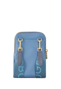 Blue synthetic crossbody bag with gold hardware, zip closure, and dual gray straps featuring bold text design on one strap.