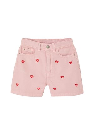 Rosa Jeans-Shorts mit roten, gestickten Herzen, vorn mit Knopf, Reißverschluss und mehreren Taschen.