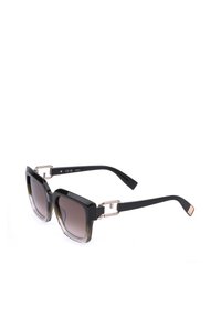 Lunettes de soleil carrées oversize à dégradé noir et gris avec verres teintés foncés et détail métallique sur les branches.