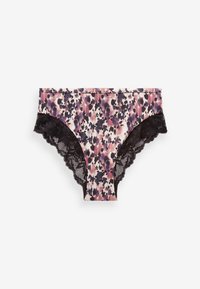 Virágmintás bugyi, pink, lila és fekete árnyalatok keverékével. Fekete csipke szegéllyel az oldalán, puha anyagból készült.