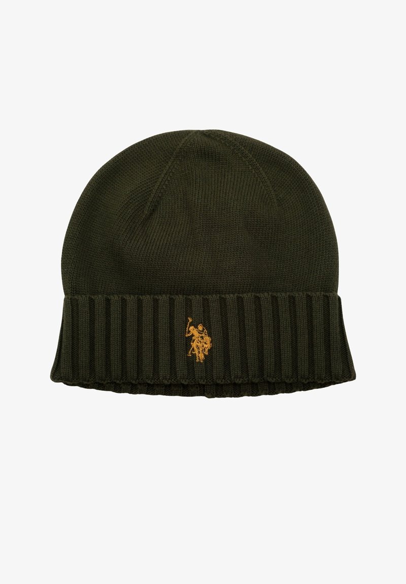 Green knit beanie with a ribbed cuff, featuring a gold embroidered logo. The fabric is soft with a textured appearance and seamless top.
