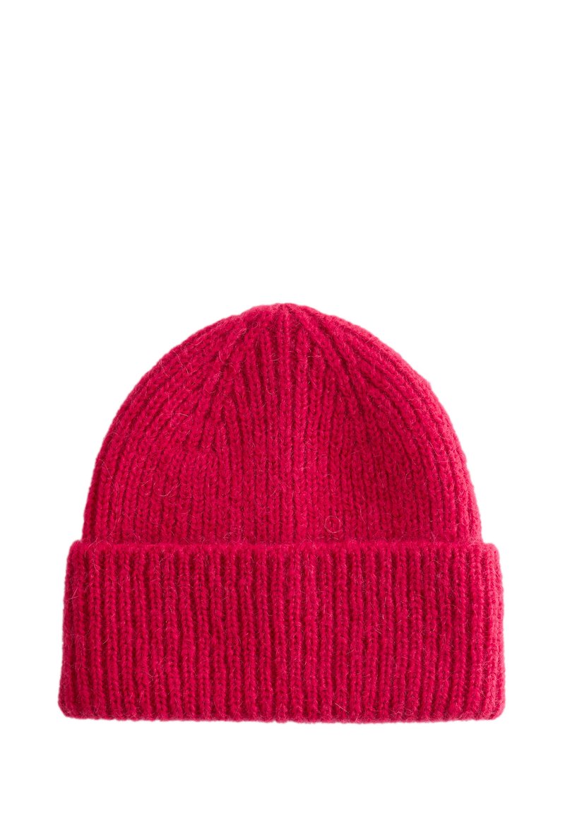 Red knitted beanie hat with ribbed texture and a folded cuff. Soft wool material with contrasting thin and thick stripes in pattern.
