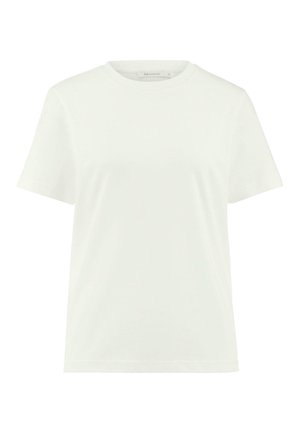 Weißes Baumwoll-T-Shirt mit kurzen Ärmeln, Rundhalsausschnitt und lockerer Passform. Glatte Textur und keine sichtbaren Muster oder Akzente.