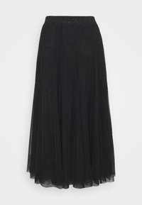 Maxi gonna in tulle nera con cintura glitterata. Presenta un design fluido e una texture stratificata per un volume maggiore. Elegante e versatile.