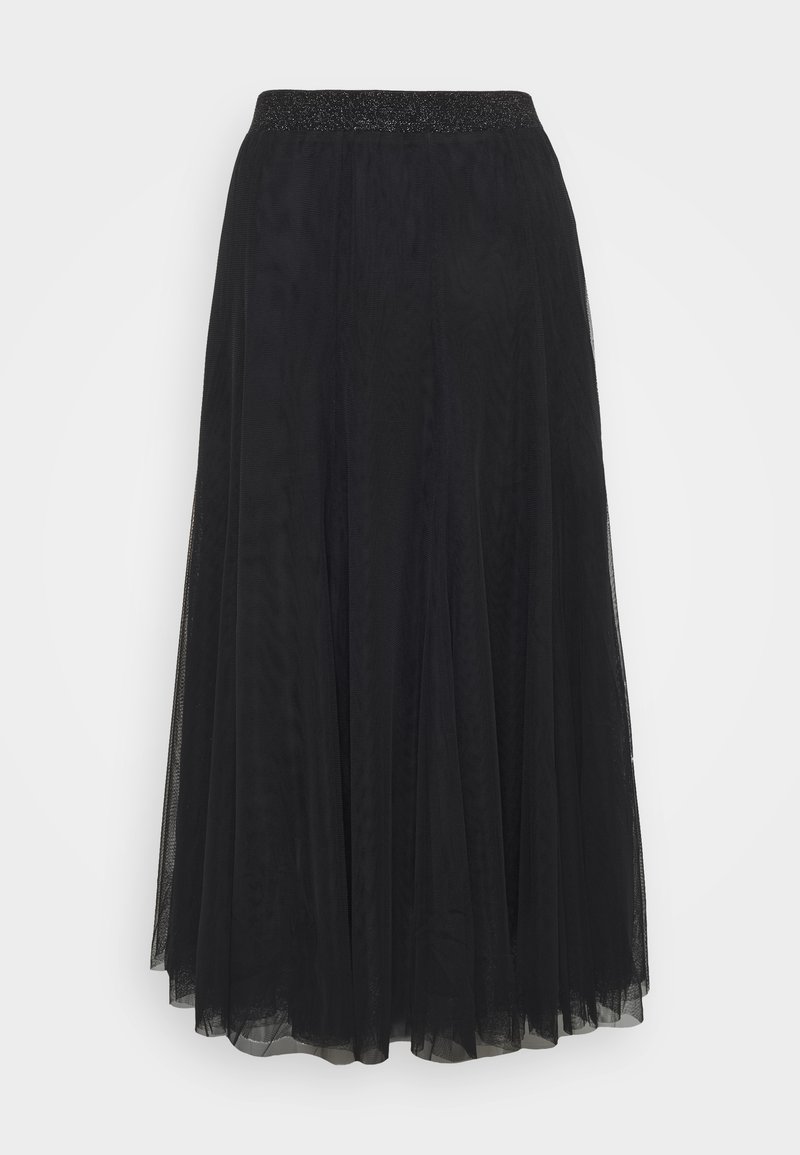 Falda maxi de tul negro con cinturilla brillante. Presenta un diseño fluido y una textura en capas para añadir volumen. Elegante y versátil.