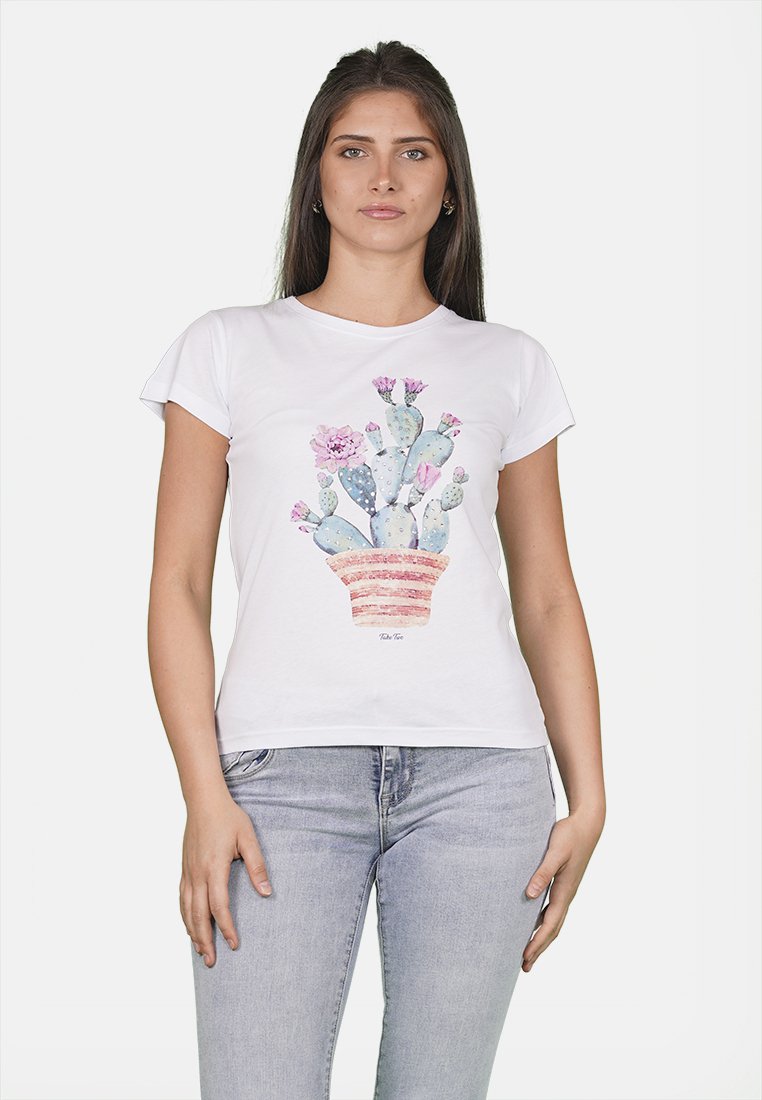 T-shirt bianco in cotone con un design di cactus con fiori rosa in un vaso a righe. Maniche corte e scollatura rotonda classica.