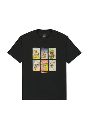 Black cotton t-shirt featuring a graphic with six colorful illustrated panels, depicting various objects and symbols. "RVCA" printed at the bottom.