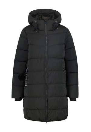 Abrigo de invierno negro largo acolchado con capucha, cremallera frontal y bolsillos laterales, que incluye un pequeño adorno de cadena y pompón en el lado izquierdo.