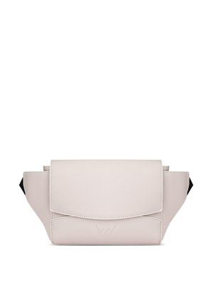 Světle béžová crossbody taška vyrobená z hladkého, strukturovaného materiálu. Obsahuje klopu na zavírání a boční kapsy s nenápadným logem.