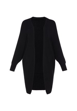Langer schwarzer gestrickter Cardigan mit offenem Vorderteil, gerippten Bündchen und lockerer Passform.
