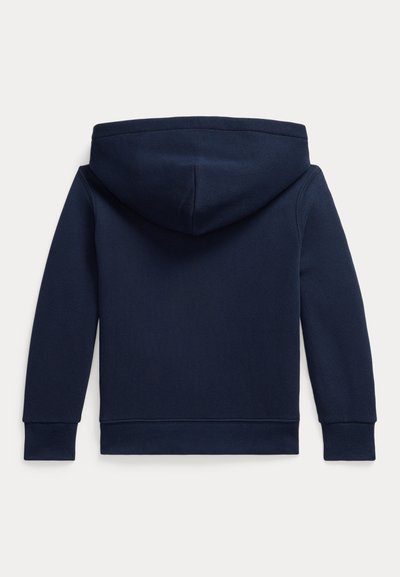Sweat à capuche bleu marine à manches longues vu de dos avec poignets et ourlet côtelés.