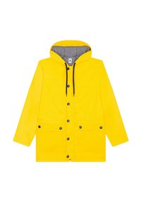 Manteau imperméable jaune avec capuche, deux poches avant, boutons noirs et doublure intérieure rayée. Texture lisse, design à coupe décontractée.