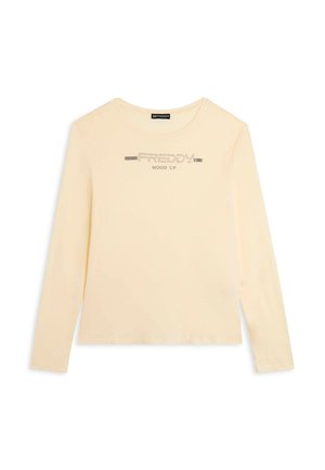 Maglietta a maniche lunghe color crema con testo "FREDDY MOOD UP" in stampa metallica sul petto, scollatura rotonda e design semplice.
