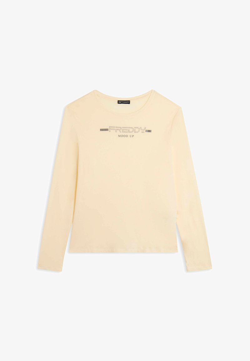 Camisa de manga larga color crema con el texto "FREDDY MOOD UP" en impresión metálica en el pecho, cuello redondo y diseño sencillo.