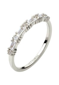 Silver band ring with alternating round and rectangular clear gemstones set in prongs along the top half of the band.