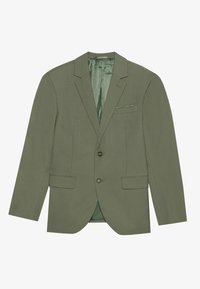 Olivenfarvet blazer med struktureret stof, enkeltknappet design, to forlommer og satinforing.