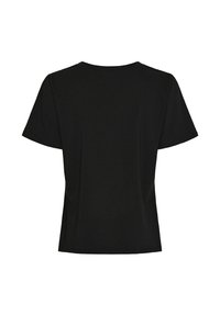 Sort T-shirt med korte ærmer og rund halsudskæring, der har en glat tekstur og afslappet pasform. Ingen synlige mærker eller mønstre.