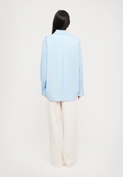 Helles blaues Langarmshirt mit Rückenfalte und legerer Passform, kombiniert mit cremefarbenen Weitbeinenhosen. Glattes Material und klassischer Kragen.