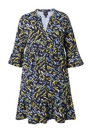 Šaty s květinovým vzorem v tmavě námořnické barvě, s žlutými a modrými akcenty. Výstřih do V, tři knoflíky a rozšířené rukávy s volánkovým lemem.