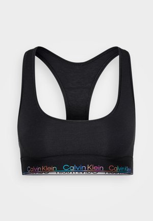 Črn športni nedrček z zasnovo racerback, izdelan iz gladkega materiala. Ima večbarvni pas z logotipom "Calvin Klein" na dnu.