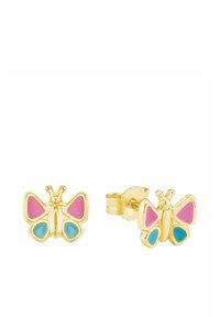 Orecchini a forma di farfalla in oro con accenti in smalto rosa e blu. Il design include dettagli intricati sulle ali e sul corpo.