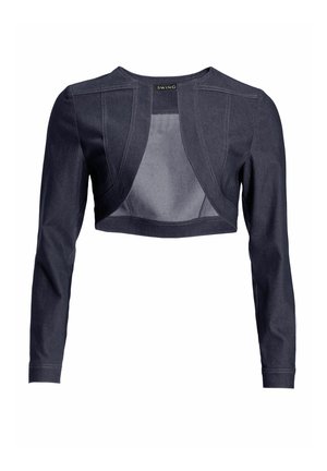 Dunkelblauer, gekürzter Bolero mit langen Ärmeln und offenem Vorderteil, mit sichtbaren Nahtdetails.