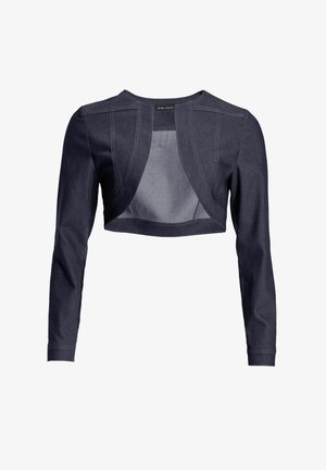 Dunkelblauer, gekürzter Bolero mit langen Ärmeln und offenem Vorderteil, mit sichtbaren Nahtdetails.