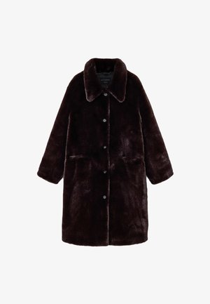 Faux fur frakke i mørkebrun med en skårede krave, knaplukning fortil, to sidelommer og en blød, struktureret overflade.