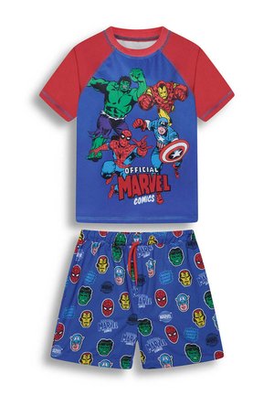 Children's blue and red Marvel pajamas featuring Hulk, Iron Man, Spider-Man, and Captain America with comic-style faces and logos.